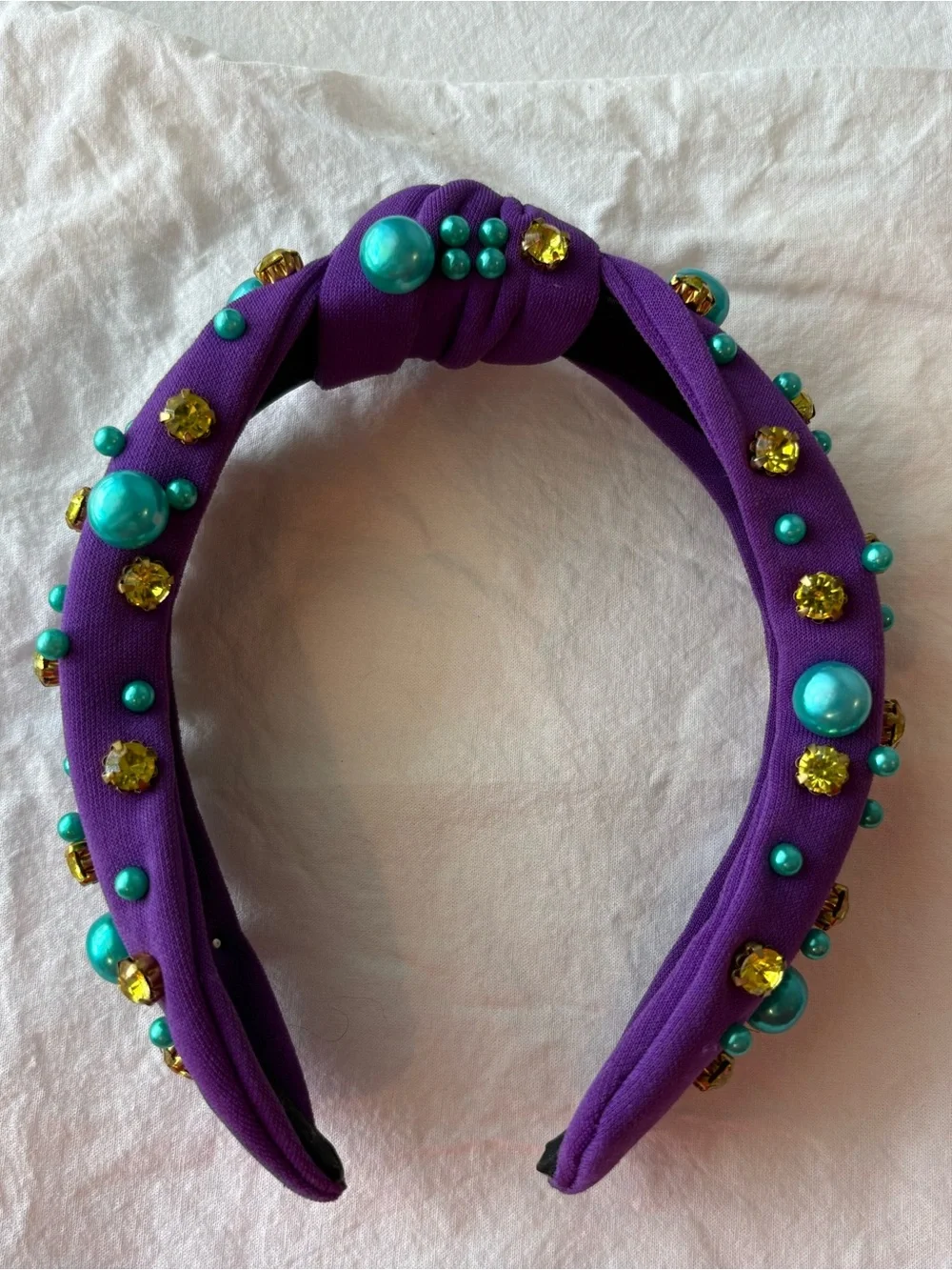 Mardi Gras Purple Knotted Headband with Turquoise Beads and Gold Accents
